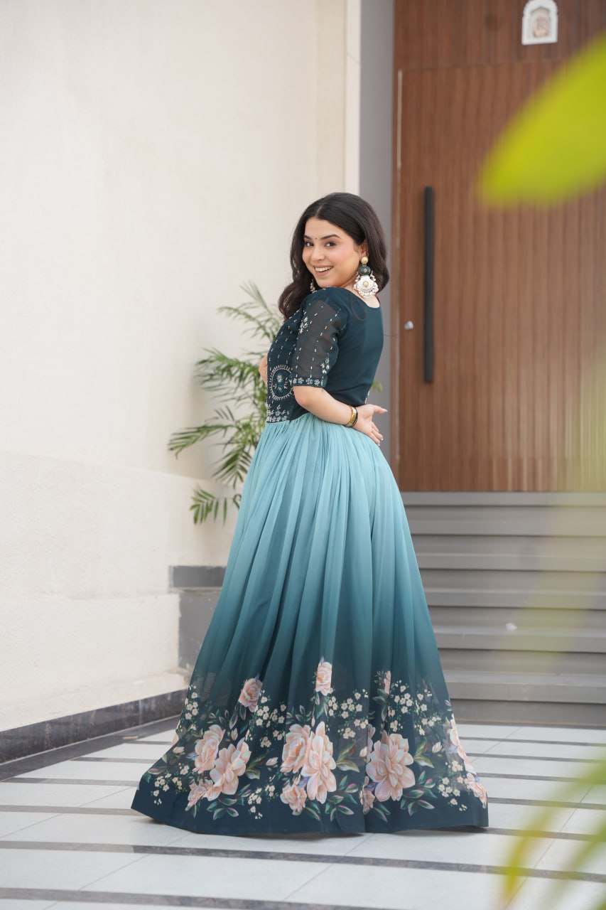Women's Elegant Teal & Aqua Ombre Gown with Floral Printed Flair & Embellished Bodice β Perfect for Summer Festivities & Parties - Image 8