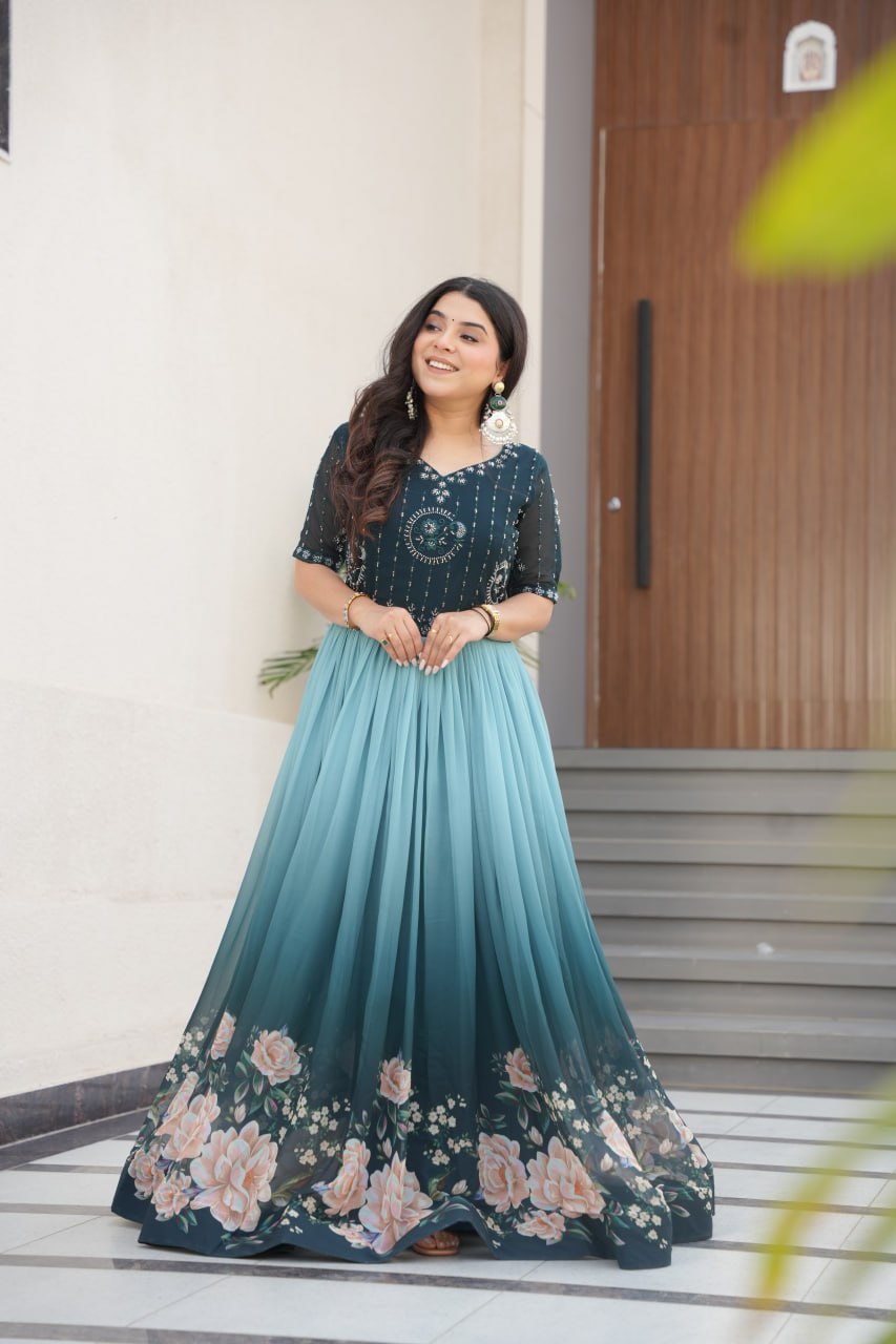 Women's Elegant Teal & Aqua Ombre Gown with Floral Printed Flair & Embellished Bodice β Perfect for Summer Festivities & Parties - Image 5